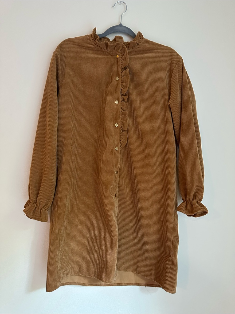 Cider Camel Brown Corduroy Ruffle-Front Tunic Dress